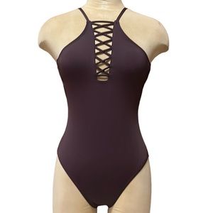 Hobie Swimsuit Purple One Piece Lace Up High Neck S Small New